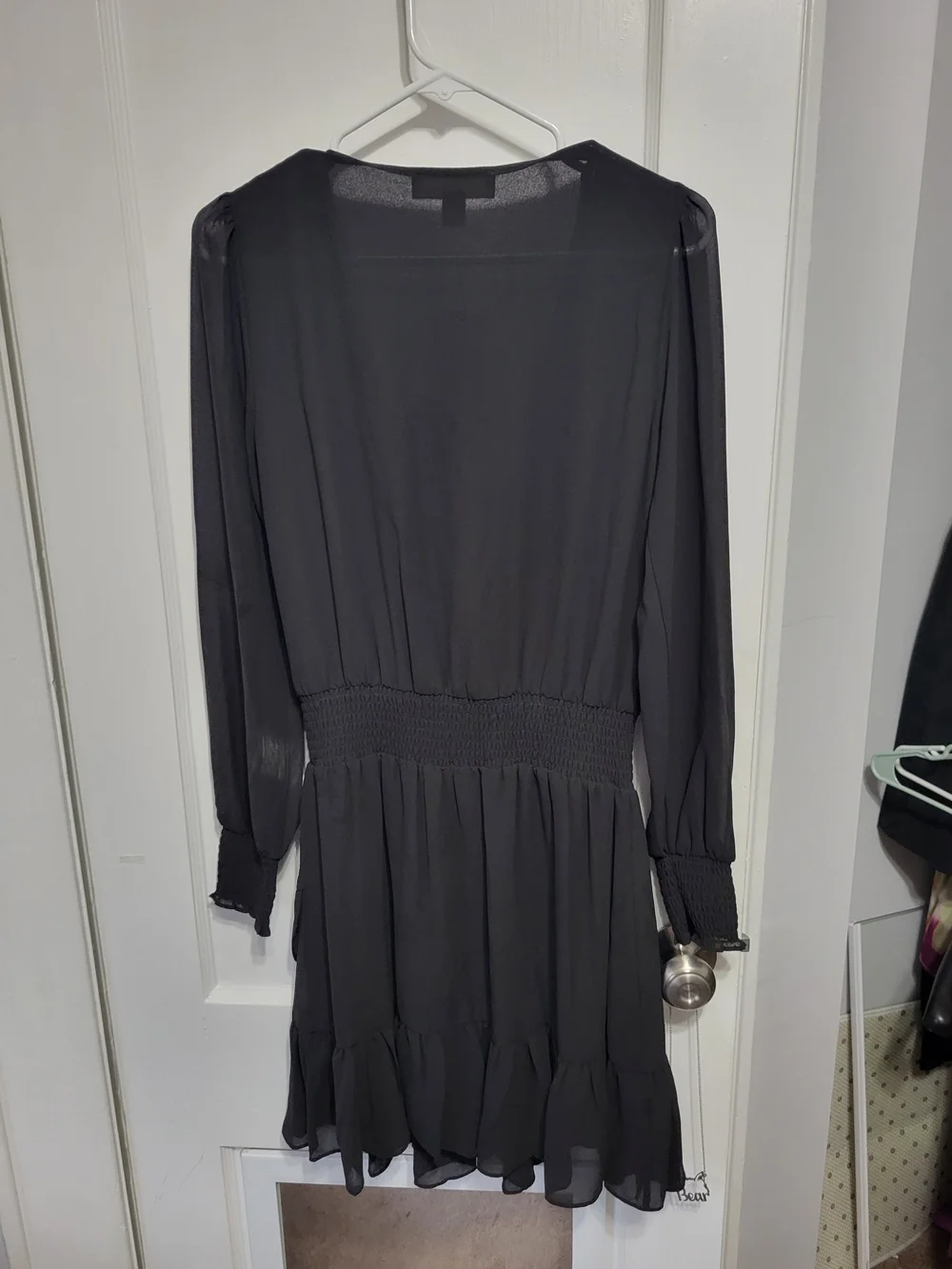 Nwt Michael‎ Kors Black V-Neck Smocked Waist Long-Sleeve Mini Dress Small